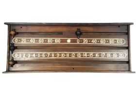 A Victorian mahogany snooker scoreboard, with painted numerals sliding and turned pointers. (30in