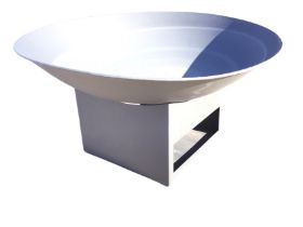 A contemporary metal garden firepit on stand, the circular bowl with rolled rim on shaped square