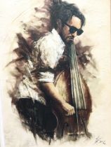 Remi La Barre, hand embellished lithograph on canvas, a bass player wearing sunglasses, titled All