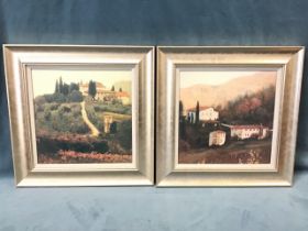 A pair of square oileographic Italian landscape prints, in brushed concave moulded gilt frames. (