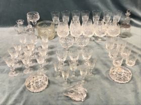 Miscellaneous glass including sets of glasses, some engraved, crystal, brandy balloons, ornaments,