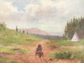 A Thomas, oil on board, American frontier scene with bell tent and oxen drawn wagon, signed and