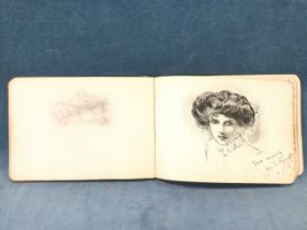 An early C20th leather bound album of drawings, paintings and poems by various artists, some