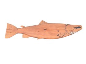 A carved pine cock salmon panel with painted features. (49in x 13.5in)