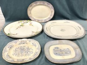 Five Victorian meatplates - oriental style, blossom floral Staffordshire, Ironstone Aquatic, eastern