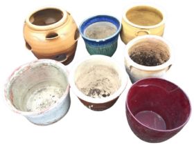 Five terracotta and stoneware salt glazed garden pots - including one tulip type by Bardon Mill; a