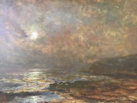 JF Slater, oil on board, sunset coastal scene, signed and unframed. (30in x 20in)