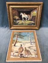 Oil on board, stable scene with two horses and chickens, unsigned and gilt framed; and another