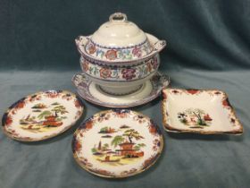 An Edwardian Maling soup tureen & cover on stand, decorated in the Poona pattern; and three Maling