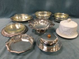 Miscellaneous EPNS turrines & covers, a circular muffin dish & cover, a Victorian engraved scalloped