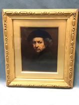 A reproduction Rembrandt self portrait print, in lozenge moulded gilt frame. (11.5in x 13in ext)