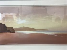 Lithographic print, coastal beach seascape with figures on rocks, unsigned, titled to verso Beyond