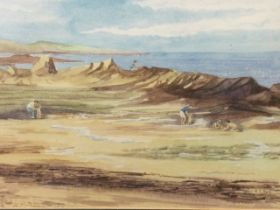 RT Bell, watercolour, coastal view with figures - Druridge Bay, signed, mounted and framed. (14.