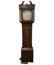 A country oak longcase clock, the case with mahogany crossbanding having swan-neck pediment above