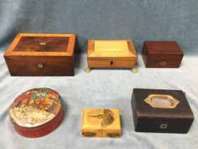 Six old boxes - C19th satinwood crossbanded rosewood, Regency sycamore sarcophagus shaped with brass