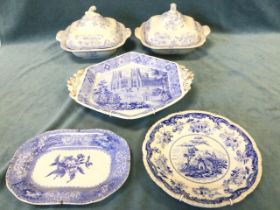 A pair of Victorian asiatic pheasant decorated blue & white tureens & covers; a Derby hexagonal