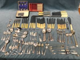 Miscellaneous silver plated flatware - sets of knives, forks & spoons, a fish set, jam spoons,