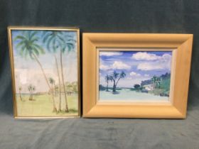 Johnnie - Duke of Buccleuch, oil on board, tropical beach scene, unsigned & framed; and similar gilt