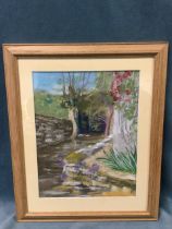Merric Prince, pastel, stream garden landscape, The Ouche, Côte d’Or France, monogrammed, mounted