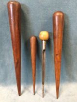 Three antique hardwood splicing fids - 16in, 15in & 11.25in; and a steel splicing fid with beech