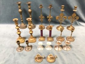 Ten pairs of candlesticks - brass, silver plated, Victorian, fleur-de-lils cast, benares, leaf