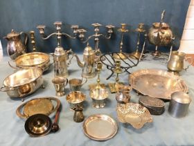 A quantity of silver plate, pewter & brass including candelabra, bowls, jugs, cups, a trinket box