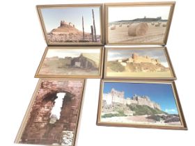 A set of six framed Northumberland photographs - Bamburgh, Lindisfarne, Dunstanburgh, Holy Island,