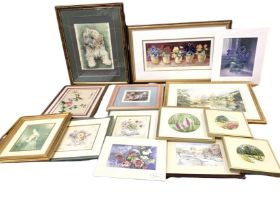 Miscellaneous prints and embroidery pictures, handsewn, a handcoloured dog print, floral, some