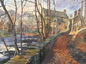 Don Green, oil on board, river landscape titled Thrum Mill Rothbury, signed & dated, framed. (35.5in