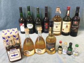 The contents of a booze cupboard - four bottles of sherry, Jameson & Teachers whisky, miniatures,