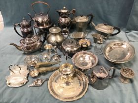 Miscellaneous silver plate & pewter - a Walker & Hall tea & coffee pot, a hammered four-piece