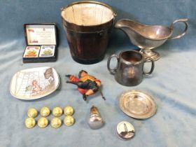 Marine memorabilia - a Victorian coopered oak pail with brass handle, a silver plated DSND