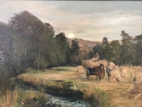 JF Slater, oil on canvas, river landscape with farmers harvesting corn sheafs, signed & gilt framed.