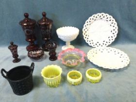 Miscellaneous glass including pressed Davidsons, vaseline, a pair of cut ruby vases with covers, a