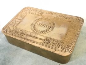 An unusual First World War rounded rectangular plated 1914 Christmas tin with lifting lid - not