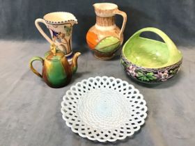 A Myott handpainted jug; a Maling basket dish; a Honiton handpainted jug; a Soweby basketweave