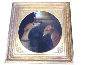 A Victorian oil on canvas, study of two greyhounds and a spaniel by a wall, unsigned, the square