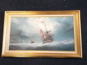 PD Wintrip, oil on board, sailing ships in choppy seas beyond headland, signed and gilt framed. (