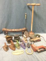 Miscellaneous metalware and electric hand tools - flatirons, a horseshoe, a miniature coal