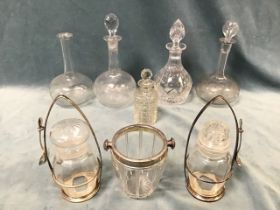 Miscellaneous glass decanters including a pair of pickle jars with plated mounts and hallmarked