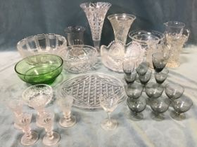 Miscellaneous cut and moulded glassware including a set of five Georgian port glasses, wine glasses,