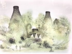 David Gentleman, lithograph, bottle kilns by a river with a figures, numbered and signed in