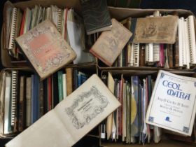 Four boxes of sheet music - some leather bound, piano, violin, carols, instructional publications,