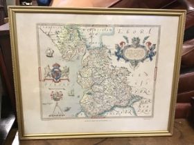 A British Museum colour reproduction of Saxtons 1577 map of Lancashire, gilt framed. (19in x 15.