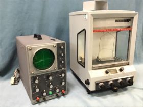 A Heathkit laboratory oscilloscope - model 10/12; and an Oertling cased set of electronic scales