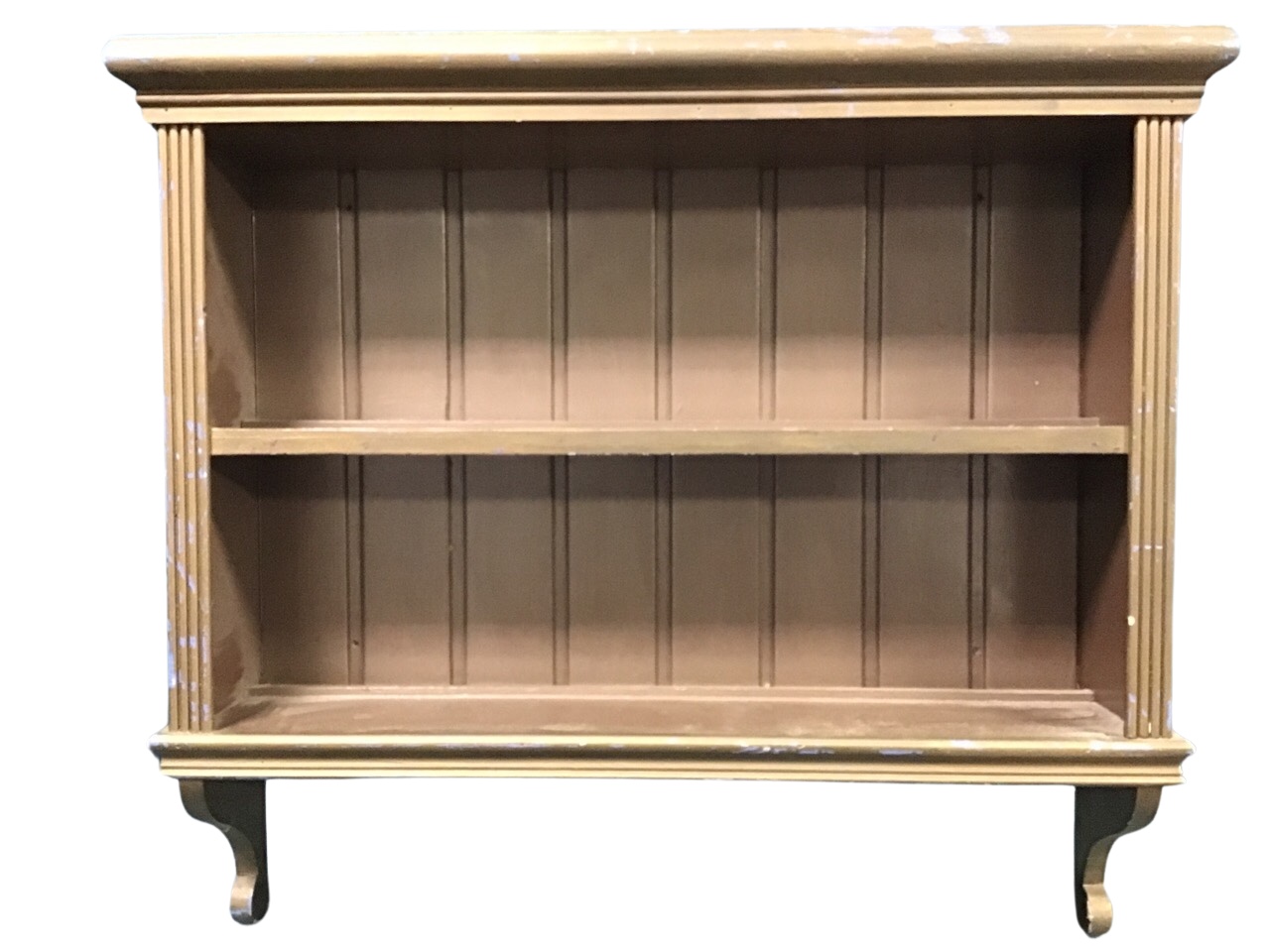 A painted wallhanging shelf unit with moulded cornice and tongue & grooved back with two shelves,