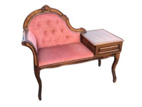 A Victorian style telephone table, the scrolled button upholstered back above a rectangular seat