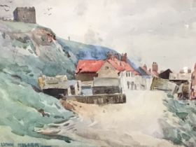 Lynn Miller, watercolour, houses and cottages below St Marys church, Whitby, gilt mounted and