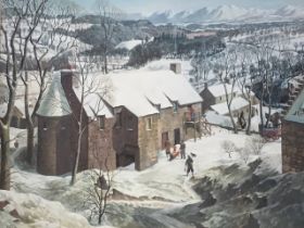 McIntosh Patrick, coloured lithographic print, winter landscape with figures outside house, signed