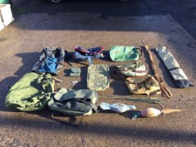 Miscellaneous game bags, fishing bags with liners, a rucksack, a new sniper gun bag, decoy birds